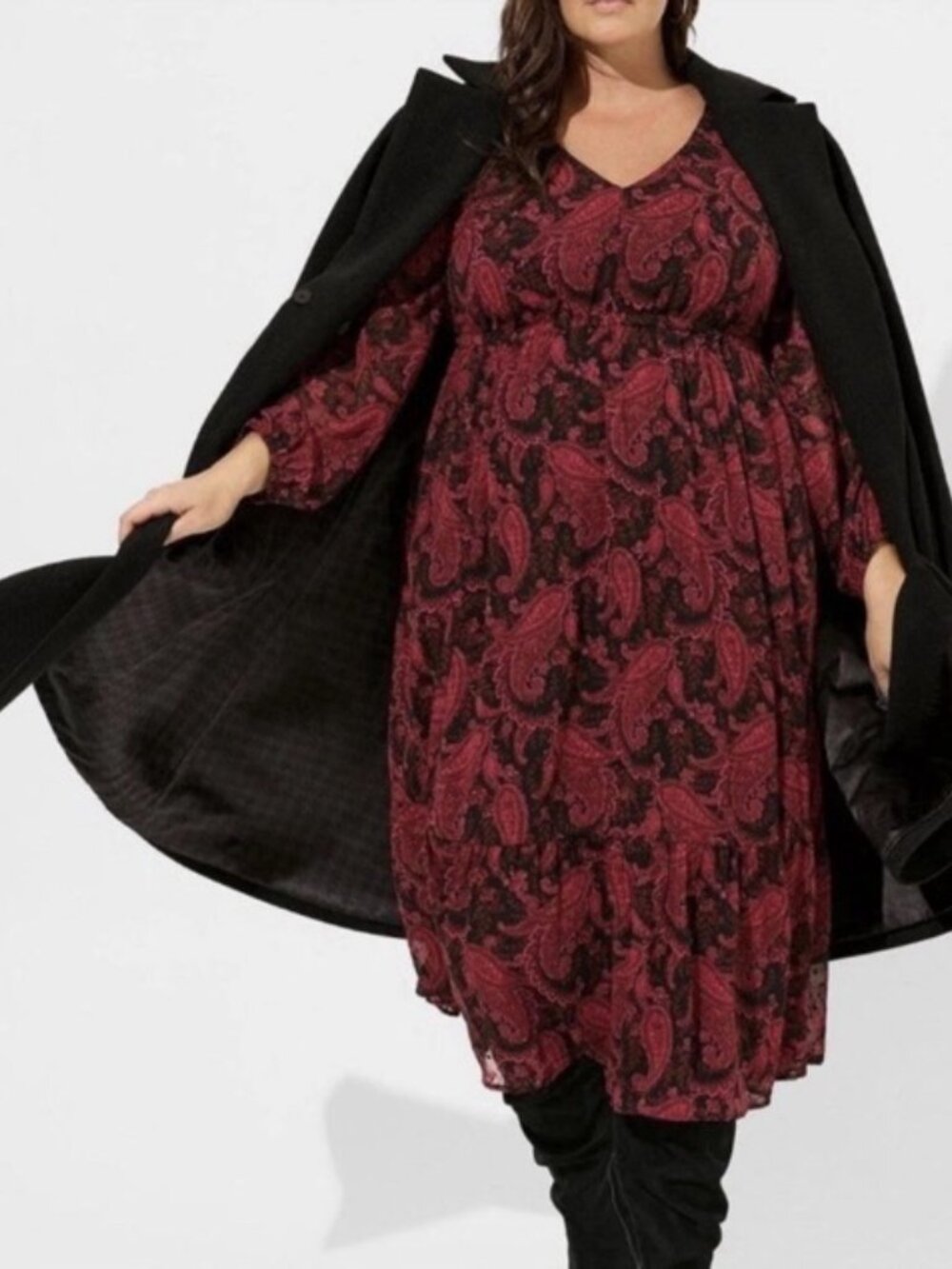 Torrid Paisley Midi Dress 4X Red Black Clip Dot Chiffon Open Back Witchy